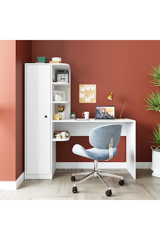Roma Raflı Çalışma Masası , Çalışma Ofis Masası Sol Dolaplı Beyaz Mat Beyaz
