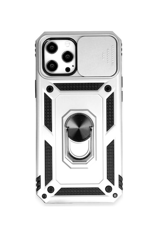 iPhone Uyumlu 12 Pro Max Kılıf Pars Lens Yüzüklü Silikon - Gümüş Çokrenkli