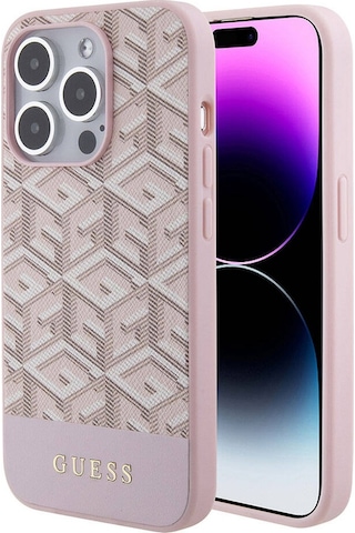 Apple Uyumlu iPhone 15 Pro Max Kılıf Guess Lisans Magsafe Şarj Özellik Yazı Logo Gcube Desen Pembe