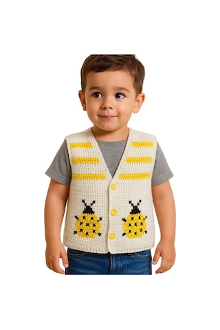 Uretti - Çiğdem 1390 2323 El Örgüsü Uğur Böceği Desenli Örgü Yelek - 1 - 3 Yaş Beyaz