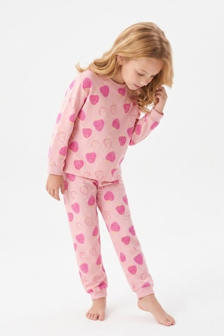 Bunny Hopp Kız Çocuk Uzun Kollu Pijama Takımı %100 Pamuk Pembe Çilek Desenli Penye Pembe Çiçekli
