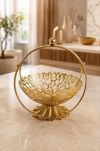 Gold Metal Dekoratif Meyvelik Şekerlik İkramlık Sunum Sepeti Modern Tasarım