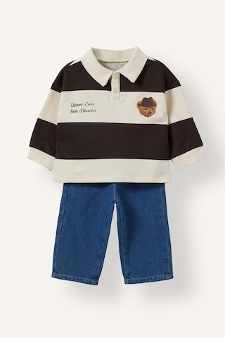 Defacto Çizgili Polo Yaka Ayı Desenli Sweatshirt Ve Pantolon 2li Takım Erkek Bebek I3307a526wnbg734 Bej-bg734