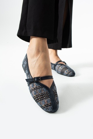 Dabab Shoes Marvena Kadın Lacivert Çapraz Bantlı Dantel Detaylı Şeffaf Dokulu Babet