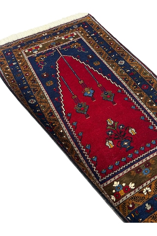 El Dokuma Sıfır Yahyalı Seccade 86x140 Lacivert Kırmızı Kök Boya %100 Yün Namazlık