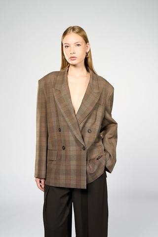 Kadın Kahverengi Ekoseli Oversize Blazer Kahverengi