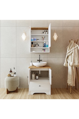 Ayaklı 2 Kapaklı Lavabolu Mdf 60 Cm Çekmeceli Banyo Dolap Aria Atlantik Çam - Beyaz