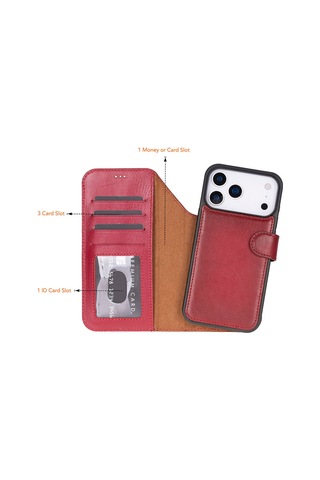 Bloomcase Magic Wallet Crimson Red Apple Uyumlu iPhone 17 Pro 6.3" Hakiki Deri Çıkarılabilir Cüzdanlı Telefon Kılıfı Kırmızı