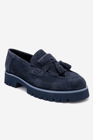 Luvishoes Luvi Shoes Poen Lacivert Süet Hakiki Deri Püsküllü Kadın Loafer Ayakkabı Lacivert