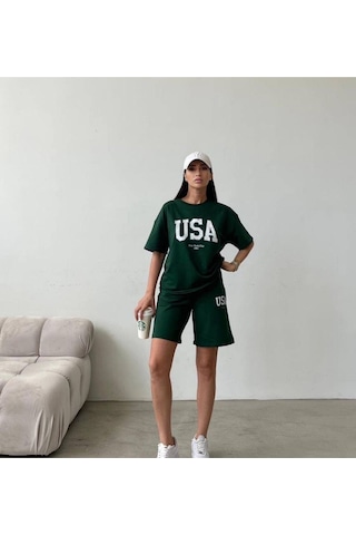 Usa T-shirt Şort - Alt Üst Takım Şort Tişört Kombin Baskılı Bisiklet Yaka Yeşil