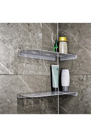 Paslanmaz Çelik 2 Katlı Köşe Banyo Rafı Sedir Model 30,3x15,3 Cm - Yapıştırmalı & Vidalı Montaj Çok Renkli