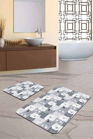 Gri Kedi Desenli Banyo Halısı Klozet 2'li Paspas Seti Bs253n11