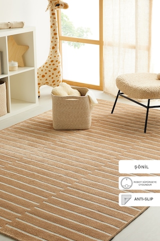 Ocean Home Textile Bej Renk Çizgi Desenli Şönil Halı Kilim 120 X 180 Cm