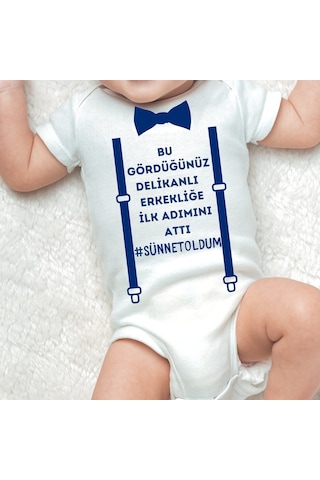Sünnet Oldum Erkekliğe İlk Adım Baskılı Çıtçıtlı %100 Organik Pamuk Bebek Body Zıbın Beyaz