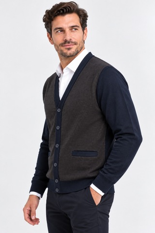 Bihan Store Erkek Çift Renkli V Yaka Düğmeli Örme Hırka - Klasik & Casual Şık 7206-lacivert