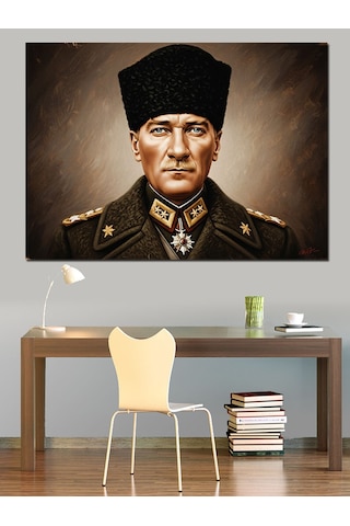 Yağlı Boya Kalpak Başlıklı Atatürk Portresi Dekoratif Kanvas - Mdf Ahşap Tablo
