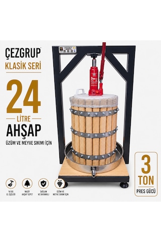 Çezgrup Klasik Seri 24 Litre Ahşap Üzüm & Meyve Sıkma Presi 3 Ton Krikolu 304 Çelik Çemberli