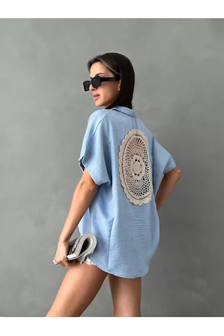 Kadın Keten Oversize Mavi Sırt Dantel Detay Kısa Kollu Gömlek Mavi