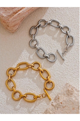 Gümüş Eetit 316l Paslanmaz Çelik Metal Doku Oval Zincir Bileklik Bileklik Kadınlar İçin 18 K Pvd Kaplama Geçiş-klasps Bildirimi Takı Gümüş