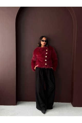 Verymoda Tavşan Tüyü Dügmeli Kaban F1970 Bordo