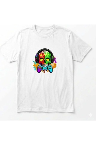 Erkek Kuru Kafa Oyun Konsolu Baskılı Pamuklu T-shirt Beyaz