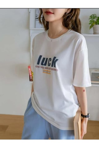 Kadın Beyaz Oversize %100 Pamuk Luck Baskılı T-shirt Beyaz