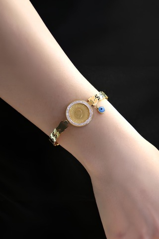 22 Ayar Çeyrek Altınlı Çelik Kelepçe Bileklik