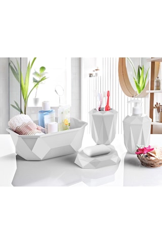 Geometrik Tasarımlı 4 Lü Banyo Seti Sabunluk Diş Fırçalık, Sıvı Sabunluk Sepet Beyaz