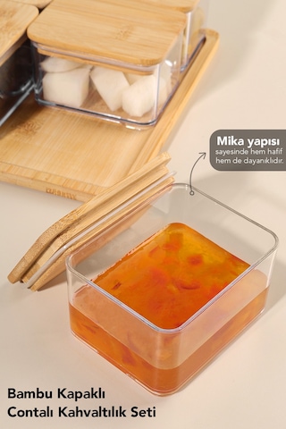 6 Parça Bambu Kapaklı Kahvaltı Saklama Kabı - Bambu Tepsili Hava Almaz Vakum Kapak Kahvaltılık Set Bej