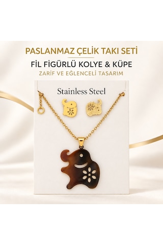 Paslanmaz Çelik Fil Figürlü Kolye Ve Asimetrik Küpe Seti Altın Paslanmaz Çelik Fil Figürlü Kolye Ve Asimetrik Küpe Seti Altın