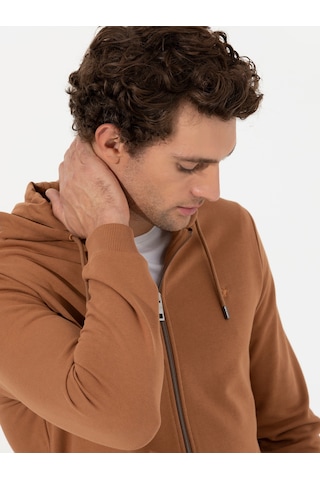 Camel %100 Pamuk Tam Fermuarlı Kapüşonlu Sweatshirt Kahverengi