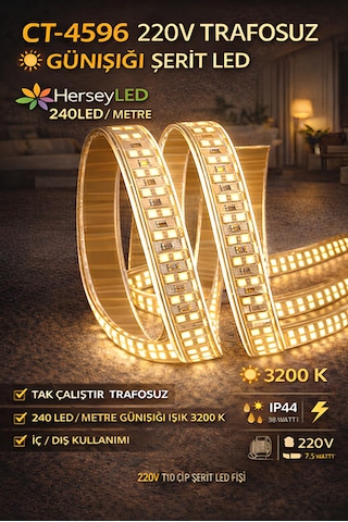 220v Trafosuz Yapışkanlı Dış Mekan Şerit Led Günışığı 3 M / 5 M 5 Metre Günışığı