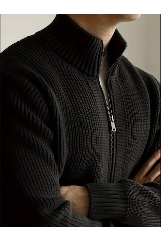 Tarz Cool Erkek Dik Yaka Fermuarlı Slim Fit Triko Hırka Siyah