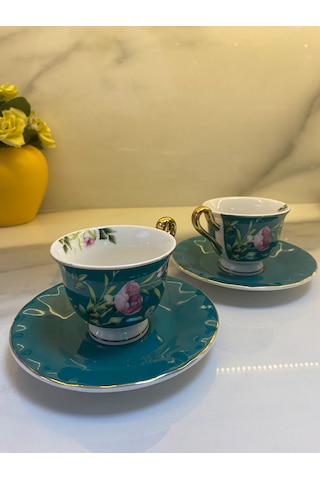 Vanilla New Bone China Kahve Fincanı 2 Kişilik Koyu Yeşil