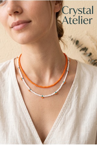 Crystal Atelier 2'li Turuncu Kiraz Boncuk Kolye Seti El Yapımı Kum Boncuk Beyaz Turuncu İkili Choker Kombini Meyve Temalı Hediyelik Kolye Turuncu - Beyaz