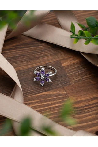 925 Ayar Ametist Taşlı Rodyum Lotus Çiçeği Ayarlanabilir Gümüş Yüzük Rr10024 Gümüş