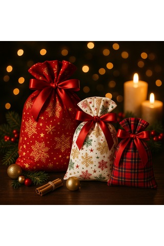 Yılbaşı Temalı Kumaş Hediye Kesesi 3 Lü Set Kırmızı, Ekoseli Ve Kar Tanesi Desenli 12 17 17 25 25 35cm 3'lü Set