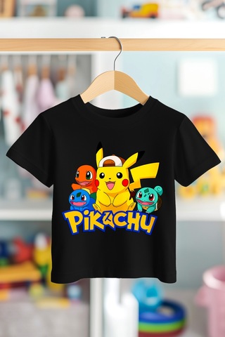 Book Orbook Pikachu Charmander Bulbasaur %100 Pamuk Premium Kalite Çocuk Tişörtü 3-12 Yaş Siyah