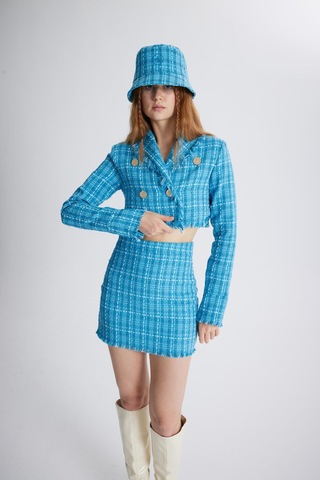 Holly Lolly Tüvit Kumaş Crop Tweed Ceket Mavi