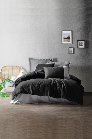 Plain Siyah Gri Çift Kişilik Nevresim Takımı - %100 Pamuk Ranforce 30/1 57 Tel Siyah