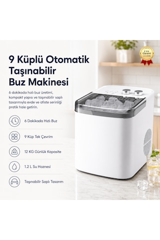 Buz Makinesi 9 Küplü Otomatik Taşınabilir Saplı, 6 Dakikada Hızlı Buz Üretimi Mini Ev Tipi-1704