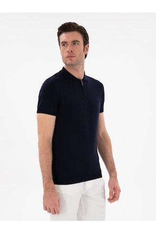 Lacivert Slim Fit Fermuarlı Polo Yaka Triko T-shirt