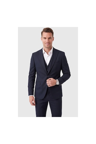 Deepsea Erkek Slim Fit Dar Kesim 3'lü Koyu Lacivert Takım Elbise Yelekli Çift Düğme Çift Yırtmaç Takım 2600509
