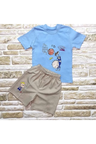1-2-3 Yaş Topçu Erkek Çocuk Baskılı Şortlu Kısa Kollu Tişört 2li Erkek Bebek Takımı Mavi Mavi
