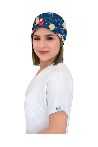 Şirin Yağmur Baykuş Desenli Hastane Doktor Hemşire Bonesi Beyaz Beyaz