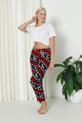 Luxury Soft Welsoft Polar Desenli Kurdeleli Kışlık Pijama Altı Pantolon Lacivert Kırmızı Lacivert - Kırmızı