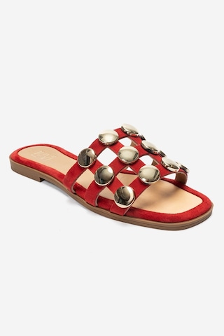 Luvi Shoes Bareon Kırmızı Süet Hakiki Deri Bantlı Altın Tokalı Kadın Terlik