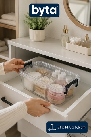 1,2 L Kilitli Kapaklı Çok Amaçlı Saklama Kabı Şeffaf Plastik Organizer Kutu Şeffaf