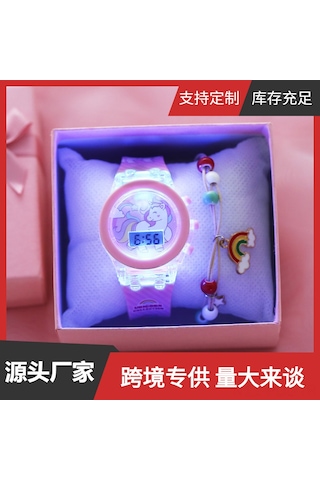 Padalink Unicorn Desenli Işıklı Silikon Saat Ve Bilezik Seti 2 Adet - Gece Görünür Elektronik Kol Saati, Kadın Erkek İçin Moda Aksesuarı, Pembe Kutuda Diğer