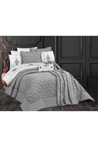 Goldroom Aysima 11 Parça Nakışlı Nevresim Takımlı Çeyiz Seti Gri